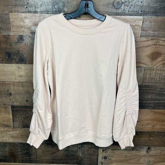 Calvin Klein Sweatshirt Crew Neck Blush Pink Tan Gathered Sleeves CK Logo XS - Picture 3 of 16